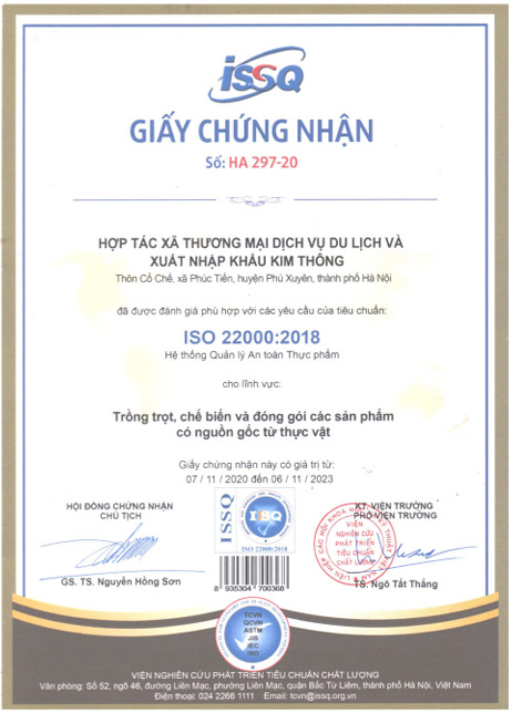 Chứng nhận ISO 22000:2018 - Hạt Sacha Inchi - Hợp Tác Xã Thương Mại Dịch Vụ Du Lịch Và Xuất Nhập Khẩu Kim Thông