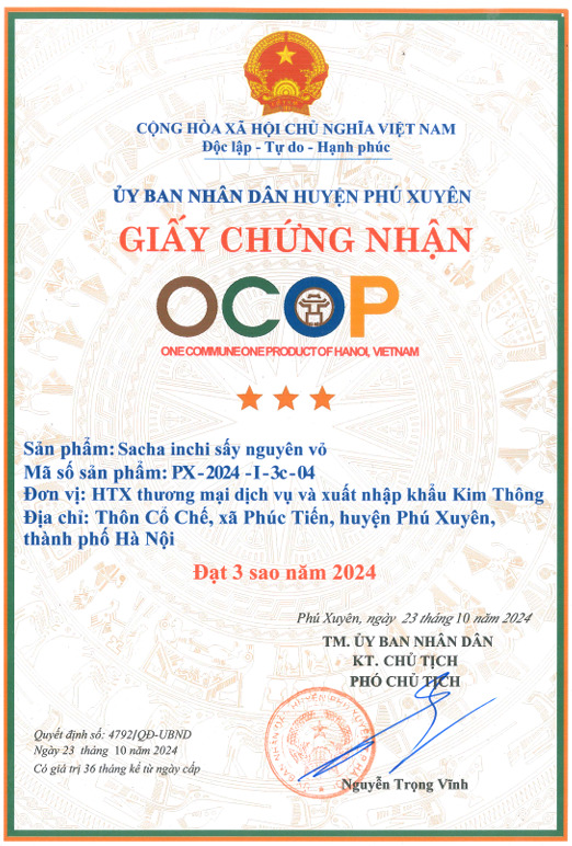 Chứng nhận OCOP - Hạt Sacha Inchi - Hợp Tác Xã Thương Mại Dịch Vụ Du Lịch Và Xuất Nhập Khẩu Kim Thông