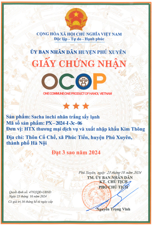 Chứng nhận OCOP - Hạt Sacha Inchi - Hợp Tác Xã Thương Mại Dịch Vụ Du Lịch Và Xuất Nhập Khẩu Kim Thông