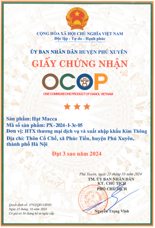 Chứng nhận OCOP - Hạt Sacha Inchi - Hợp Tác Xã Thương Mại Dịch Vụ Du Lịch Và Xuất Nhập Khẩu Kim Thông