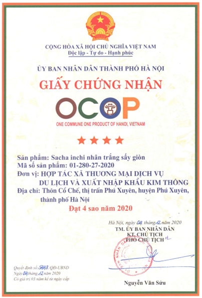 Chứng nhận OCOP - Hạt Sacha Inchi - Hợp Tác Xã Thương Mại Dịch Vụ Du Lịch Và Xuất Nhập Khẩu Kim Thông