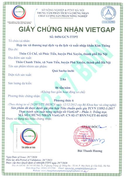 Chứng nhận Vietgap - Hạt Sacha Inchi - Hợp Tác Xã Thương Mại Dịch Vụ Du Lịch Và Xuất Nhập Khẩu Kim Thông