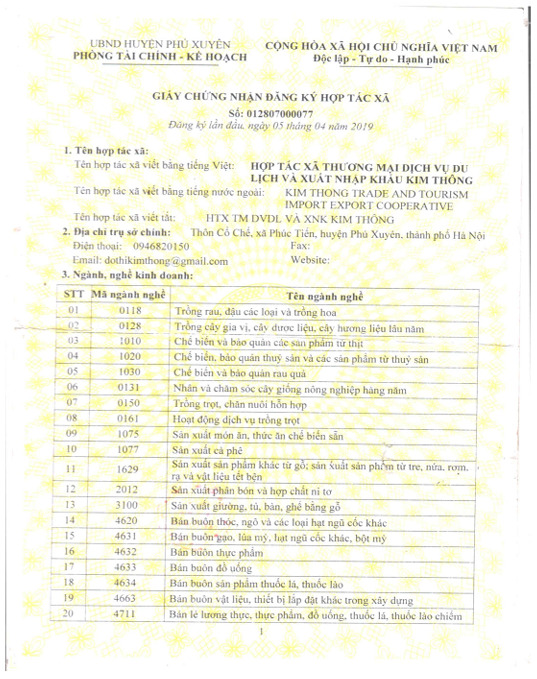 Chứng nhận đăng ký hợp tác xã - Hạt Sacha Inchi - Hợp Tác Xã Thương Mại Dịch Vụ Du Lịch Và Xuất Nhập Khẩu Kim Thông