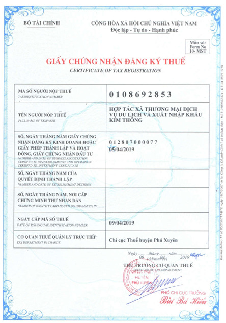 Chứng nhận đăng ký thuế - Hạt Sacha Inchi - Hợp Tác Xã Thương Mại Dịch Vụ Du Lịch Và Xuất Nhập Khẩu Kim Thông