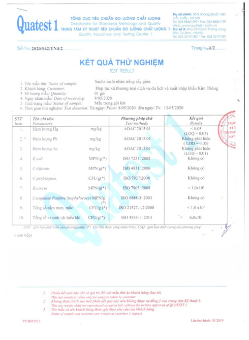 Kết quả thử nghiệm - Hạt Sacha Inchi - Hợp Tác Xã Thương Mại Dịch Vụ Du Lịch Và Xuất Nhập Khẩu Kim Thông