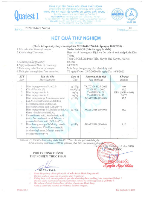 Kết quả thử nghiệm - Hạt Sacha Inchi - Hợp Tác Xã Thương Mại Dịch Vụ Du Lịch Và Xuất Nhập Khẩu Kim Thông