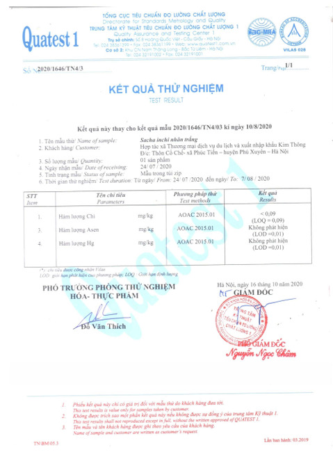 Kết quả thử nghiệm - Hạt Sacha Inchi - Hợp Tác Xã Thương Mại Dịch Vụ Du Lịch Và Xuất Nhập Khẩu Kim Thông