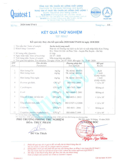 Kết quả thử nghiệm - Hạt Sacha Inchi - Hợp Tác Xã Thương Mại Dịch Vụ Du Lịch Và Xuất Nhập Khẩu Kim Thông