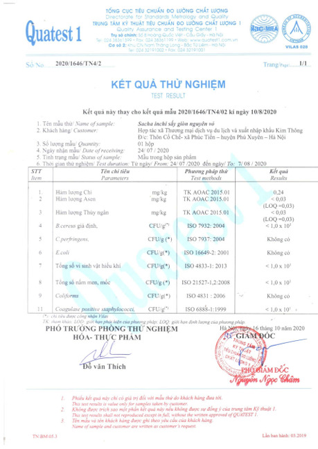Kết quả thử nghiệm - Hạt Sacha Inchi - Hợp Tác Xã Thương Mại Dịch Vụ Du Lịch Và Xuất Nhập Khẩu Kim Thông