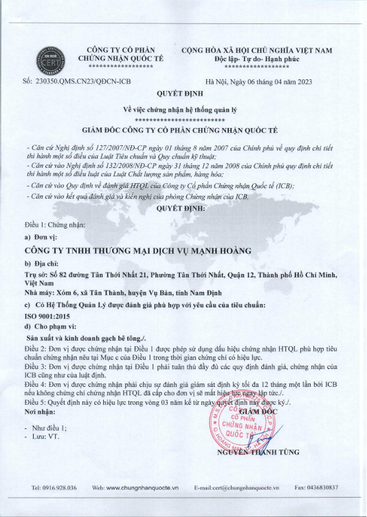 Chứng chỉ ISO 9001:2015