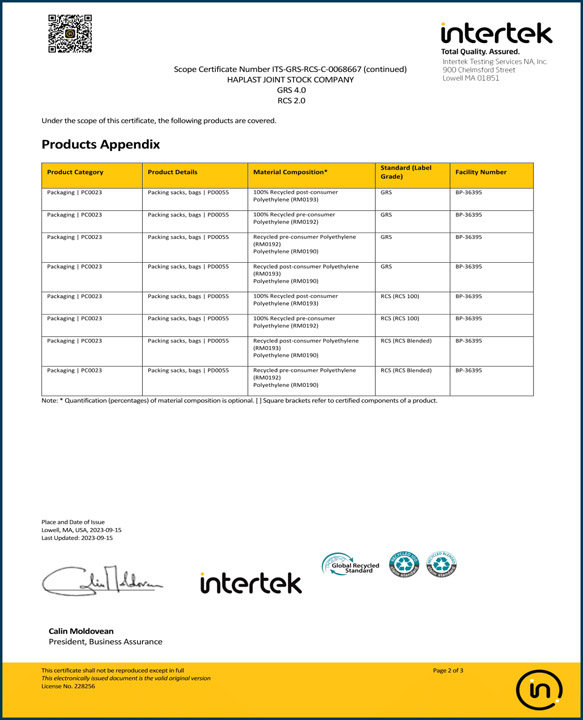 Intertek - Túi Nhựa Haplast - Công Ty Cổ Phần Haplast