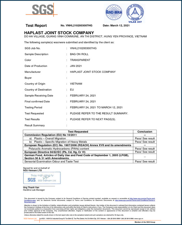 SGS - Túi Nhựa Haplast - Công Ty Cổ Phần Haplast