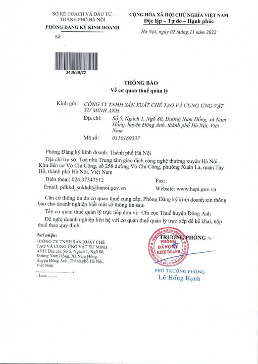 Giấy phép kinh doanh - Chế Tạo Và Cung Ứng Vật Tư Minh Anh - Công Ty TNHH Sản Xuất Chế Tạo Và Cung Ứng Vật Tư Minh Anh