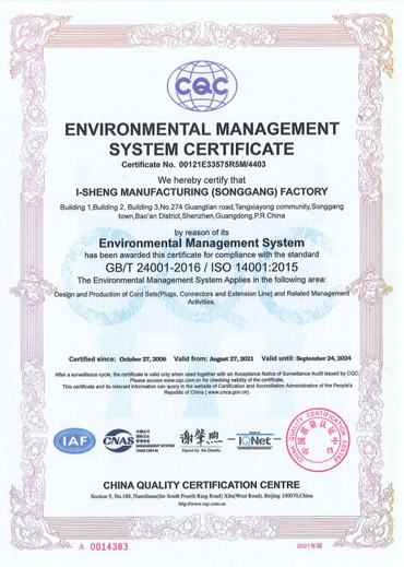 ISO 14001:2015 - Dây Cáp Điện I Sheng - Công Ty TNHH I Sheng Electric Wire & Cable (Việt Nam)