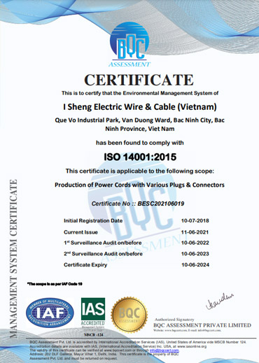 ISO 14001:2015 - Dây Cáp Điện I Sheng - Công Ty TNHH I Sheng Electric Wire & Cable (Việt Nam)