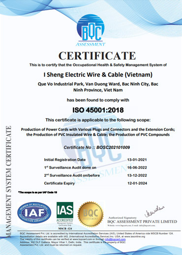 ISO 45001:2018 - Dây Cáp Điện I Sheng - Công Ty TNHH I Sheng Electric Wire & Cable (Việt Nam)