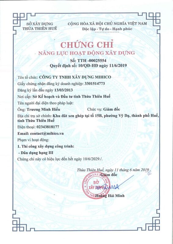 Chứng chỉ năng lực hoạt động xây dựng - Nhà Thầu Xây Dựng Mihico - Công Ty TNHH Xây Dựng Mihico