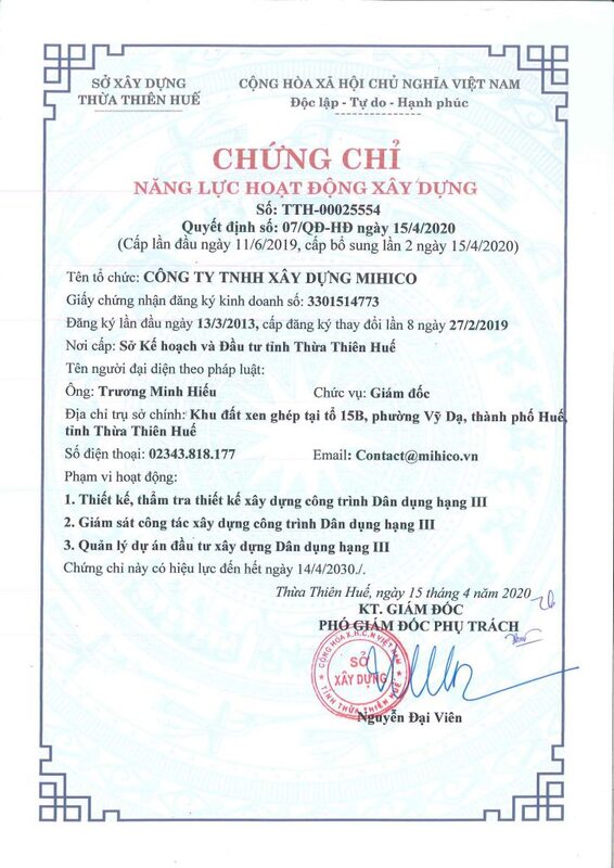 Chứng chỉ năng lực hoạt động xây dựng - Nhà Thầu Xây Dựng Mihico - Công Ty TNHH Xây Dựng Mihico