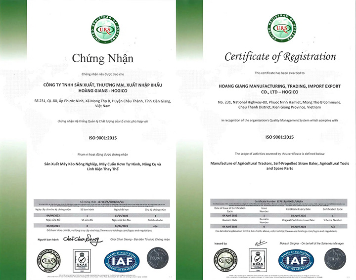 ISO 9001:2015 - Máy Móc Nông Nghiệp Hoàng Giang - Công Ty TNHH 01 TV SX-TM & DV Hoàng Giang