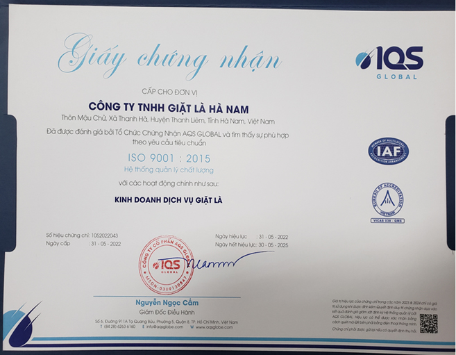 Chứng nhận ISO 9001:2015 - Giặt Là Hà Nam - Công Ty TNHH Giặt Là Hà Nam