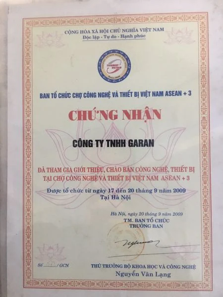 Chứng nhận - Bec Phun Công Nghiệp Garan -  Công Ty Cổ Phần Công Nghệ Mới Garan