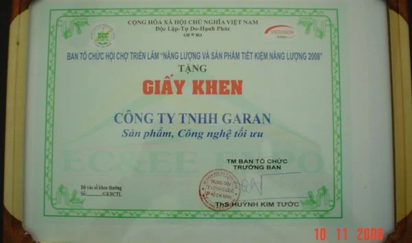 Giấy khen - Bec Phun Công Nghiệp Garan -  Công Ty Cổ Phần Công Nghệ Mới Garan