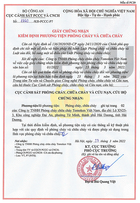 Giấy chứng nhận kiểm định bình chữa cháy Tomoken - Thiết Bị PCCC Levu - Công Ty TNHH Levu.vn