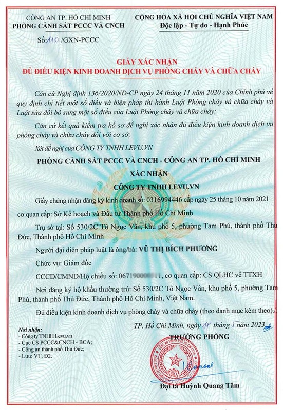 Giấy chứng nhận đủ điều kiện kinh doanh - Thiết Bị PCCC Levu - Công Ty TNHH Levu.vn