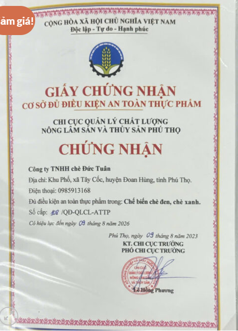 Giấy chứng nhận - Công Ty TNHH Chè Đức Tuân