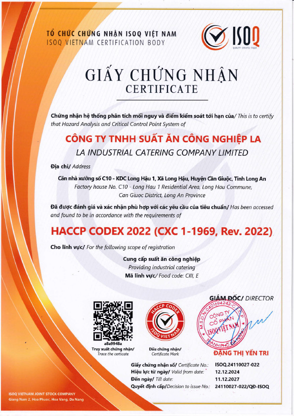 Chứng nhận HACCP Codex 2022 - Suất Ăn Công Nghiệp SACN LA - Công Ty TNHH Suất Ăn Công Nghiệp LA