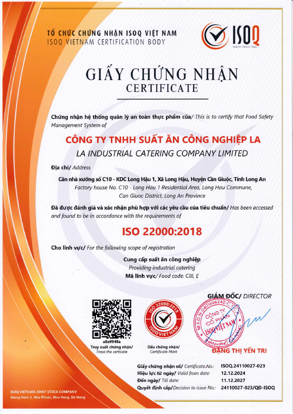 Chứng nhận ISO 22000:2018 - Suất Ăn Công Nghiệp SACN LA - Công Ty TNHH Suất Ăn Công Nghiệp LA