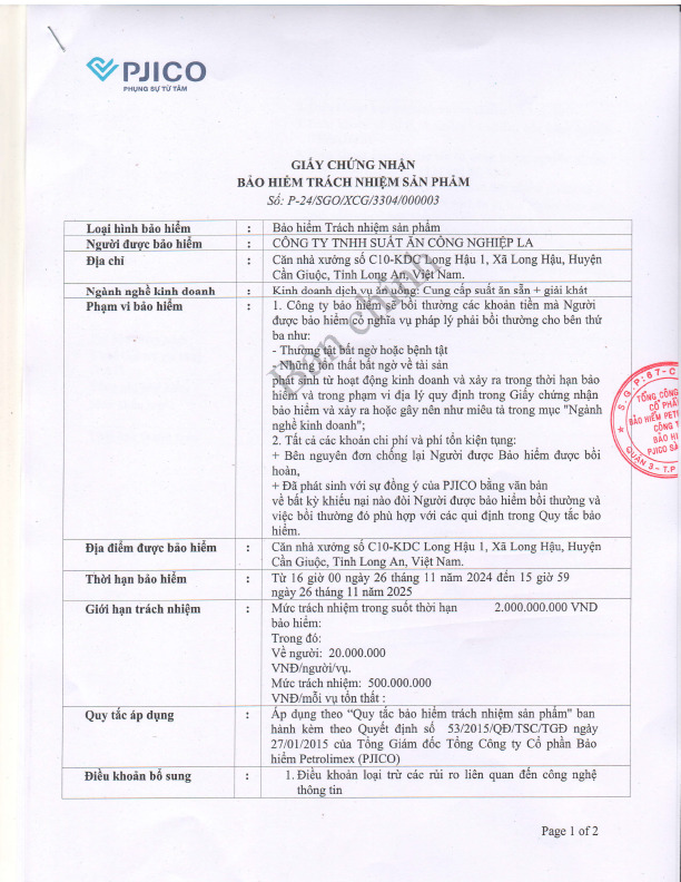 Chứng nhận bảo hiểm trách nhiệm sản phẩm - Suất Ăn Công Nghiệp SACN LA - Công Ty TNHH Suất Ăn Công Nghiệp LA