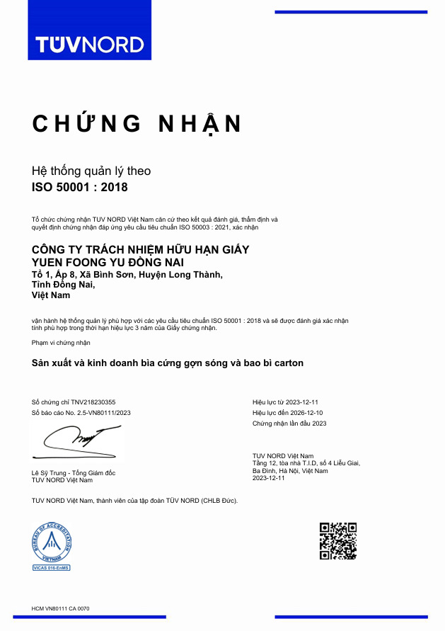 Chứng nhận ISO 50001:2018 - Bao Bì Giấy Yuen Foong Yu - Công Ty TNHH Bao Bì Giấy Yuen Foong Yu Bình Dương