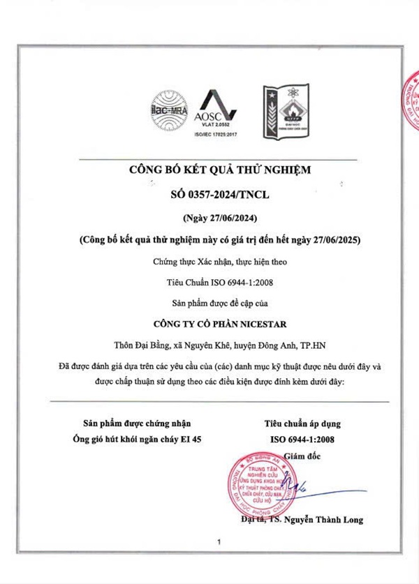 Chứng nhận - ống Gió Và Phụ Kiện Nicestar - Công Ty Cổ Phần Nicestar