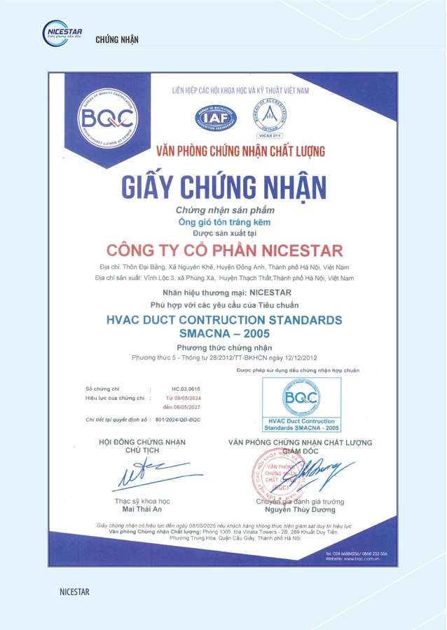 Giấy chứng nhận Nicestar - ống Gió Và Phụ Kiện Nicestar - Công Ty Cổ Phần Nicestar