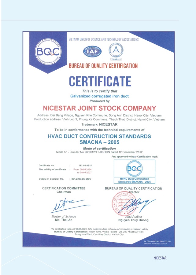Giấy chứng nhận Nicestar - ống Gió Và Phụ Kiện Nicestar - Công Ty Cổ Phần Nicestar