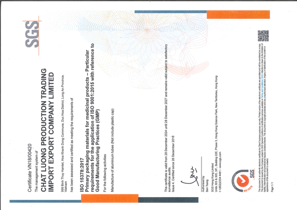 Chứng nhận ISO 15378 - Bao Bì Nhôm - Công Ty TNHH Sản Xuất Thương Mại Xuất Nhập Khẩu Bao Bì Xanh