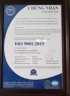 Chứng nhận ISO 9001:2015 - Khay Giấy Honha Eco Pulp Việt Nam - Công Ty TNHH Công Nghệ Đóng Gói Honha Eco Pulp Việt Nam