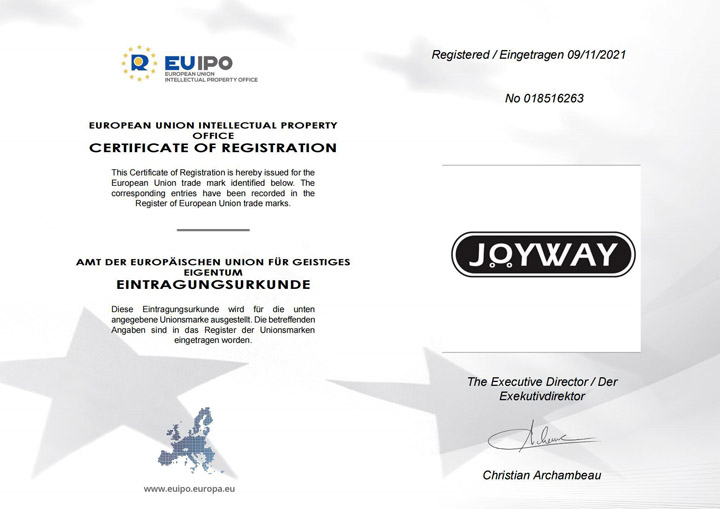 Chứng nhận đăng ký nhãn hiệu tại Liên minh Châu Âu (EUIPO) - Vali JOYWAY GLOBAL VENTURES  - Công Ty TNHH JOYWAY GLOBAL VENTURES