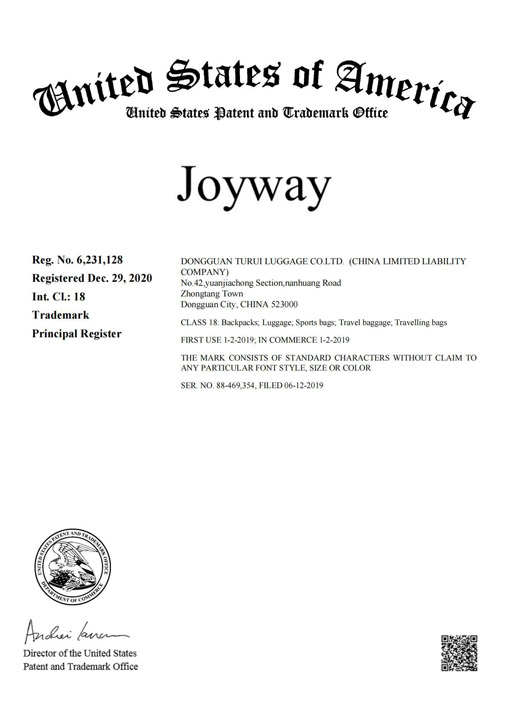Chứng nhận đăng ký nhãn hiệu tại Hoa Kỳ (Mỹ) - Vali JOYWAY GLOBAL VENTURES  - Công Ty TNHH JOYWAY GLOBAL VENTURES