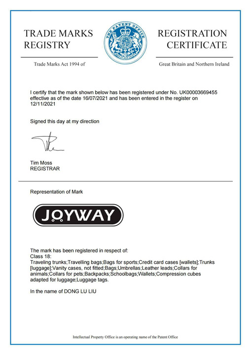 Chứng nhận đăng ký nhãn hiệu tại Vương quốc Anh (UK) - Vali JOYWAY GLOBAL VENTURES  - Công Ty TNHH JOYWAY GLOBAL VENTURES