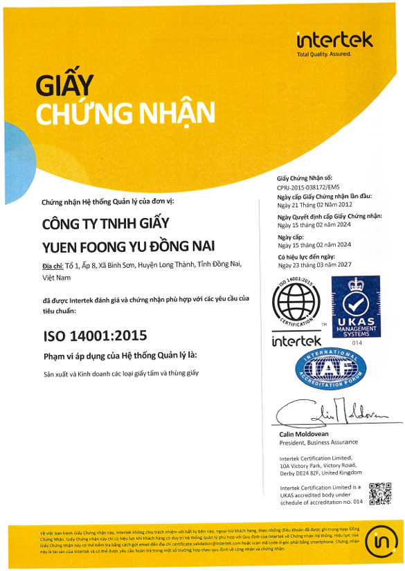 Chứng nhận ISO 14001:2015 - Bao Bì Giấy Yuen Foong Yu - Công Ty TNHH Bao Bì Giấy Yuen Foong Yu Bình Dương