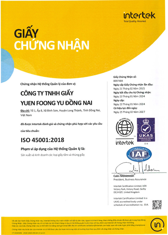 Chứng nhận ISO 45001:2018 - Bao Bì Giấy Yuen Foong Yu - Công Ty TNHH Bao Bì Giấy Yuen Foong Yu Bình Dương