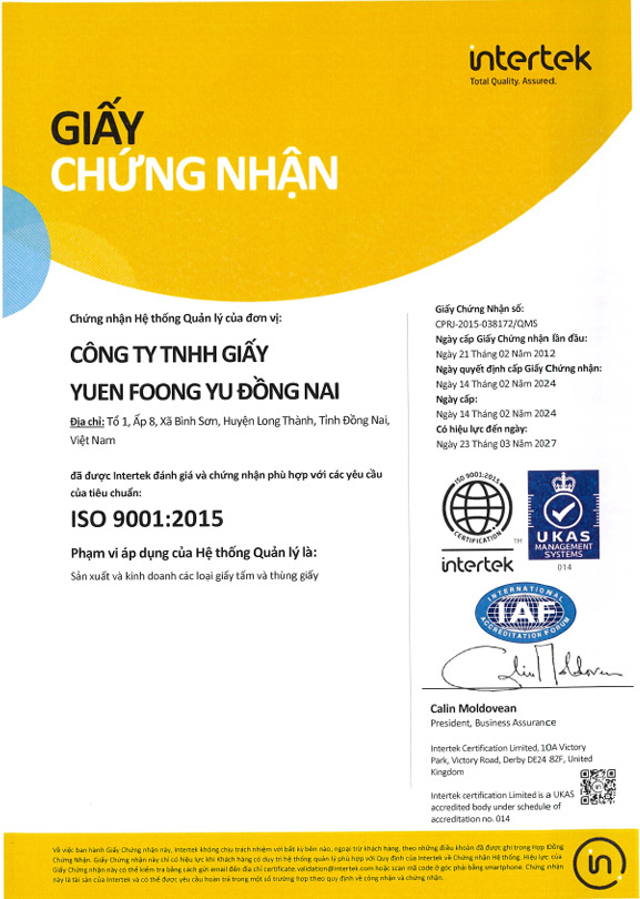 Chứng nhận ISO 9001:2015 - Bao Bì Giấy Yuen Foong Yu - Công Ty TNHH Bao Bì Giấy Yuen Foong Yu Bình Dương