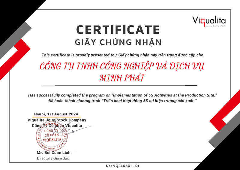 Chứng nhận 5S - Gia Công Cơ Khí Minh Phát - Công Ty TNHH Công Nghiệp Và Dịch Vụ Minh Phát