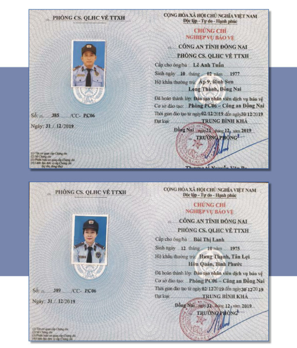 Chứng chỉ bảo vệ - Dịch Vụ Bảo Vệ Sài Gòn Thiên Bảo - Công Ty Cổ Phần Dịch Vụ Bảo Vệ Sài Gòn Thiên Bảo