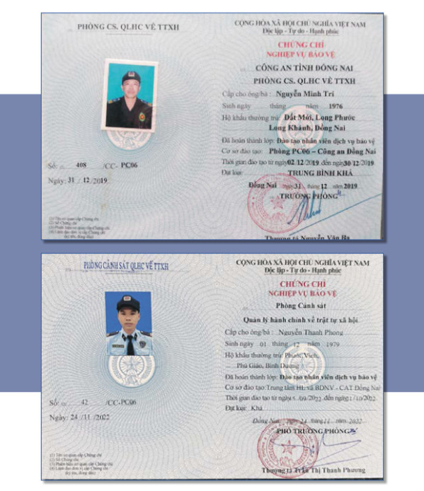 Chứng chỉ bảo vệ - Dịch Vụ Bảo Vệ Sài Gòn Thiên Bảo - Công Ty Cổ Phần Dịch Vụ Bảo Vệ Sài Gòn Thiên Bảo