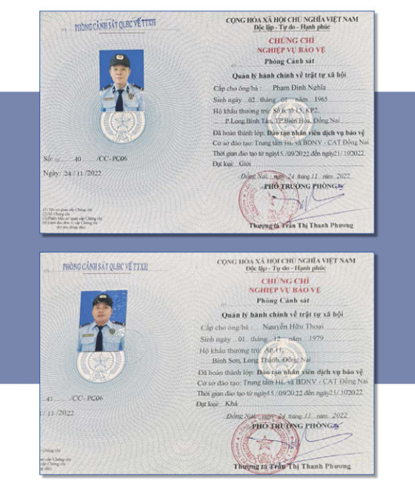 Chứng chỉ bảo vệ - Dịch Vụ Bảo Vệ Sài Gòn Thiên Bảo - Công Ty Cổ Phần Dịch Vụ Bảo Vệ Sài Gòn Thiên Bảo