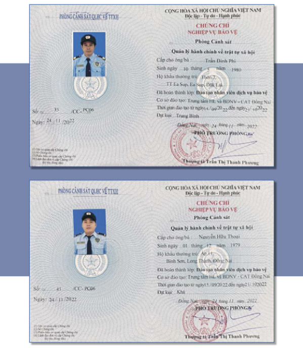 Chứng chỉ bảo vệ - Dịch Vụ Bảo Vệ Sài Gòn Thiên Bảo - Công Ty Cổ Phần Dịch Vụ Bảo Vệ Sài Gòn Thiên Bảo
