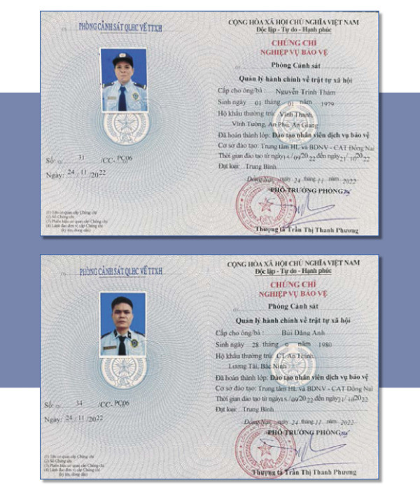 Chứng chỉ bảo vệ - Dịch Vụ Bảo Vệ Sài Gòn Thiên Bảo - Công Ty Cổ Phần Dịch Vụ Bảo Vệ Sài Gòn Thiên Bảo